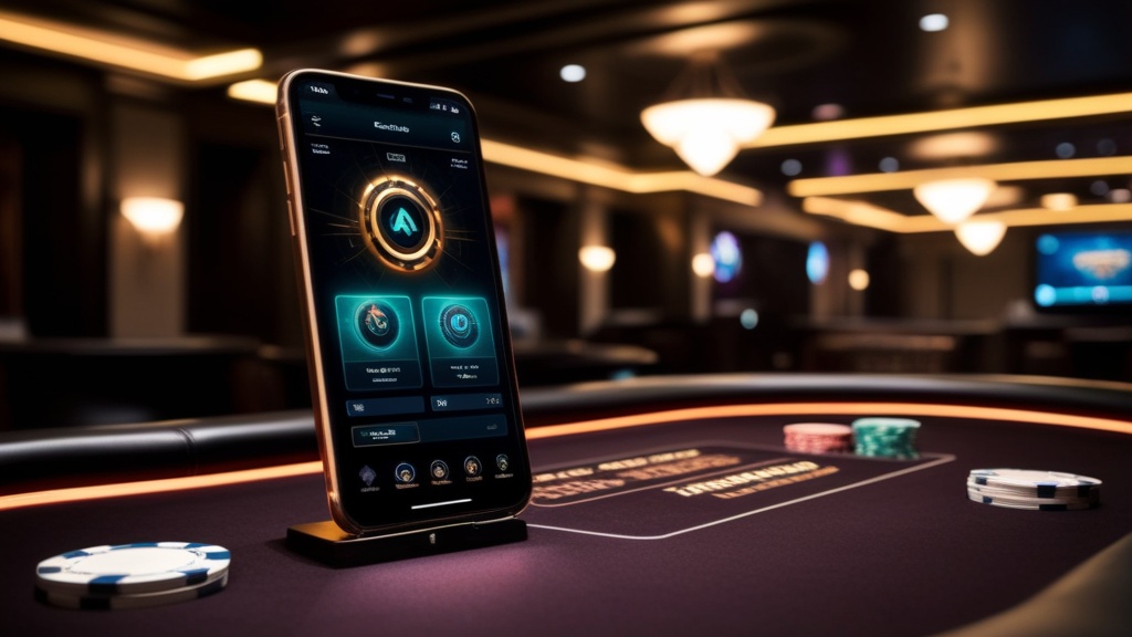 Smartphone met mobiele casino-interface in een donkere casinoruimte