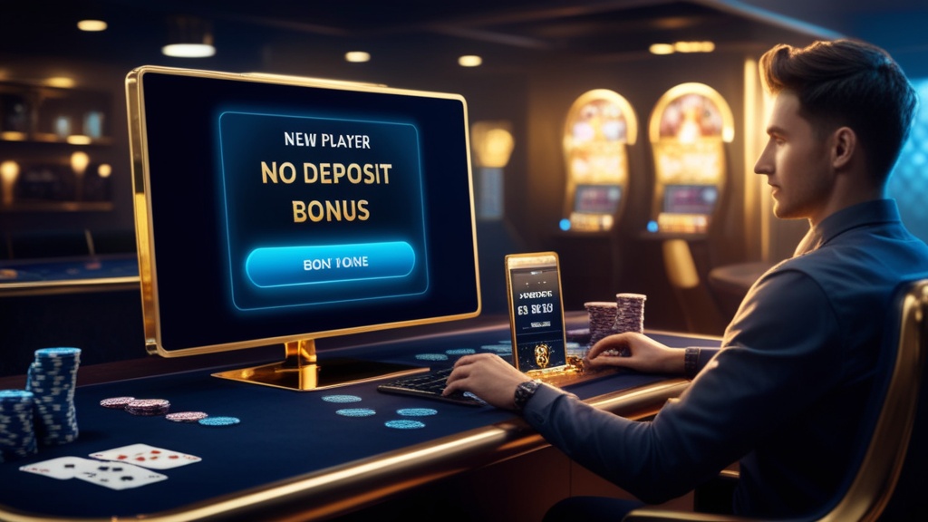 Speler ziet een no-deposit bonus in een donkere casinoomgeving